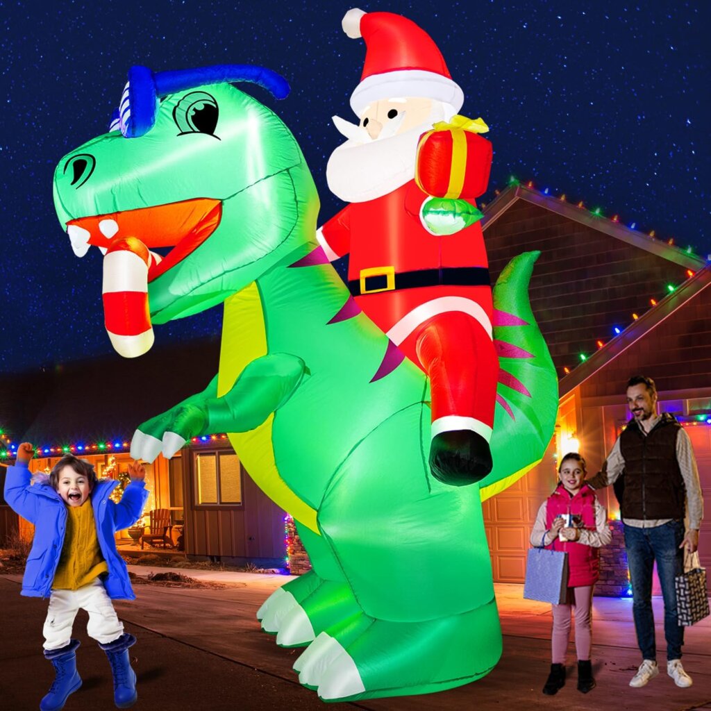 zukakii 8FT Dinosaur Christmas Inflatable Decorations with LED Lights